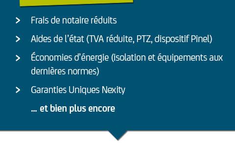  Frais de notaire réduits, aides de l'état (TVA réduite, PTZ, dispositif Pinel), économie d'énérgie, garanties uniques Nexity... et bien plus encore. 