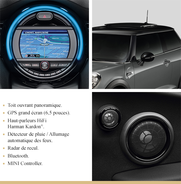 MINI édition suréquipée Marylebone : GPS grand ?cran, toit ouvrant panoramique, haut-parleurs HiFi Harman Kardon